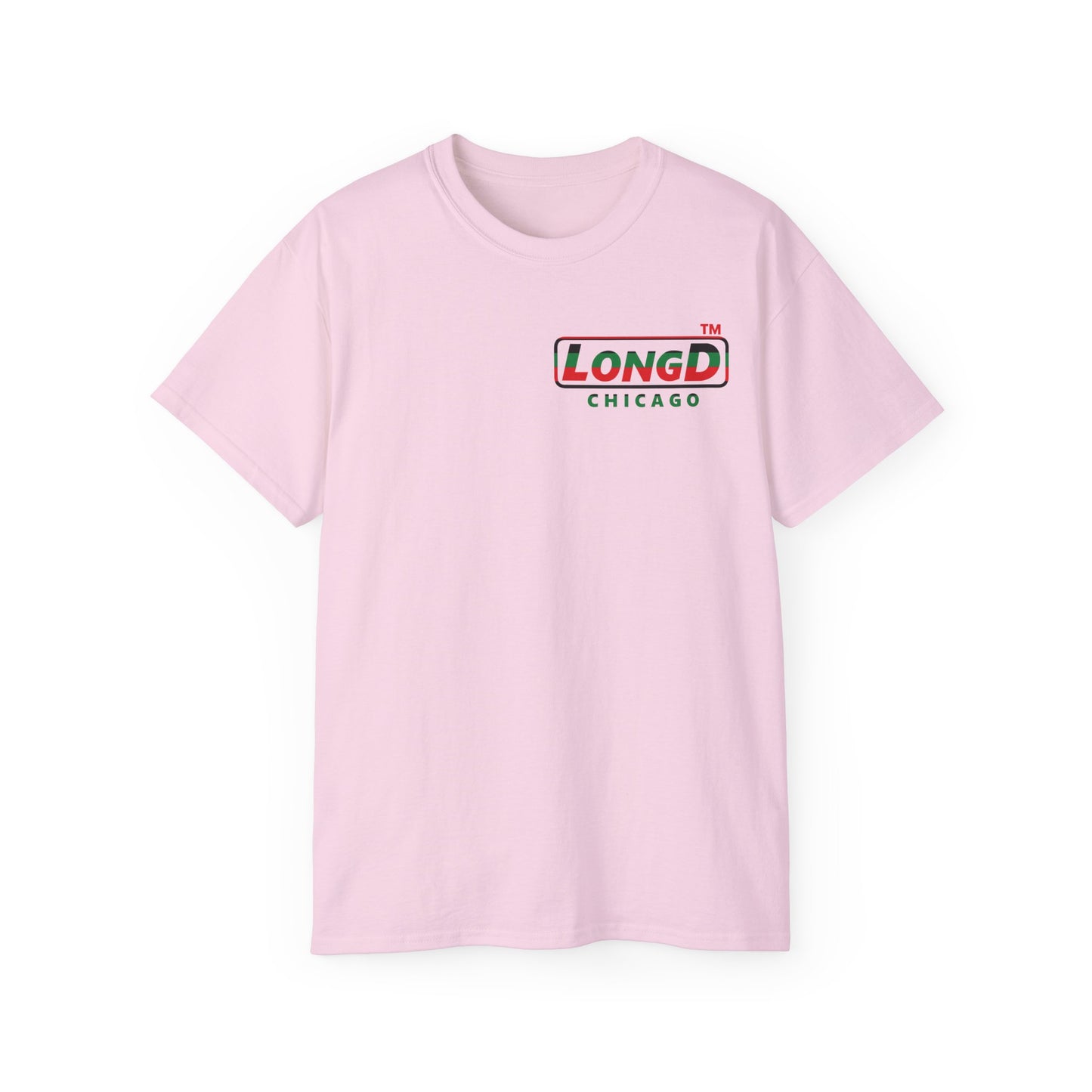 LongD positive horizontal 6-striped Chicago logo single-breasted front-back cotton tee (Juneteenth colors)
