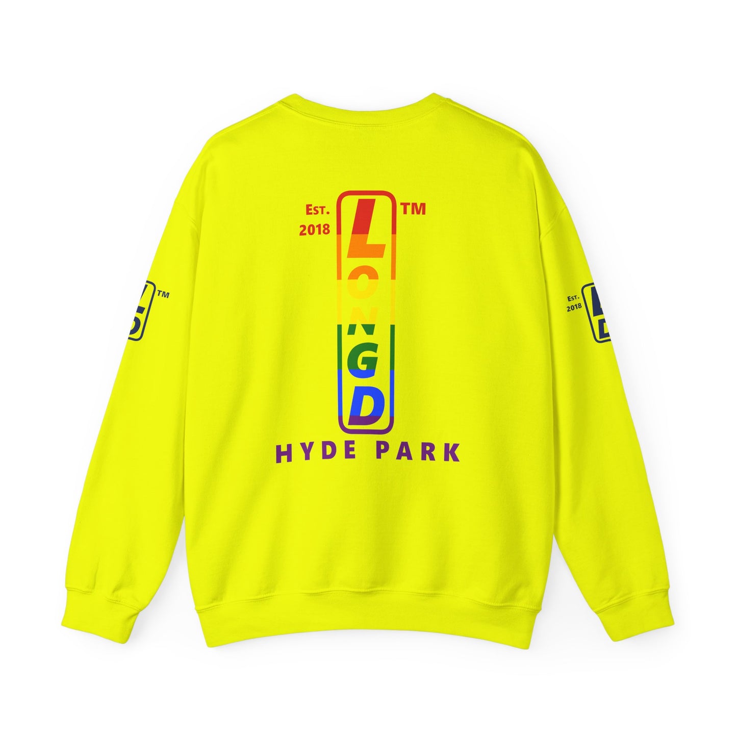 LongD positive horizontal 6-striped Hyde Park 4-print upright logo crewneck sweatshirt (Pride colors)
