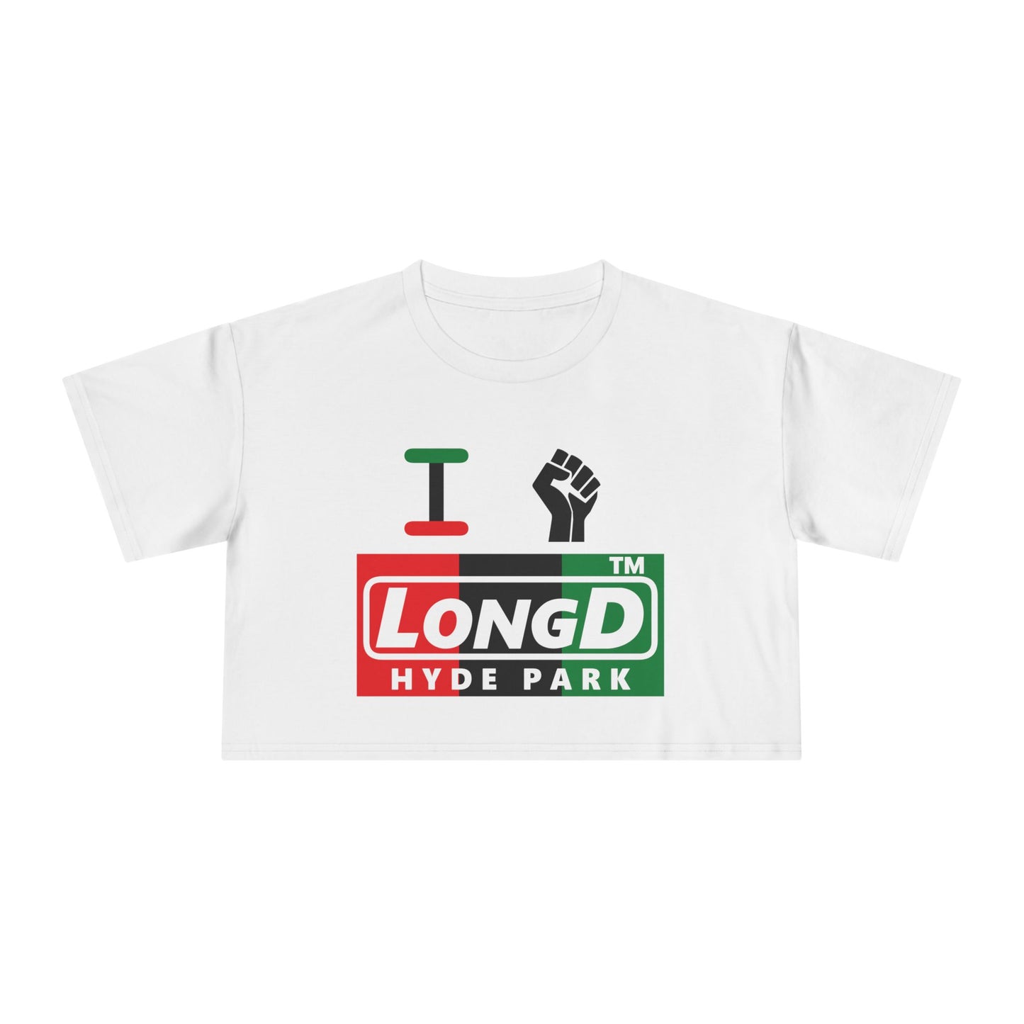 I fist LongD negative vertical 3-striped Hyde Park logo crop tee