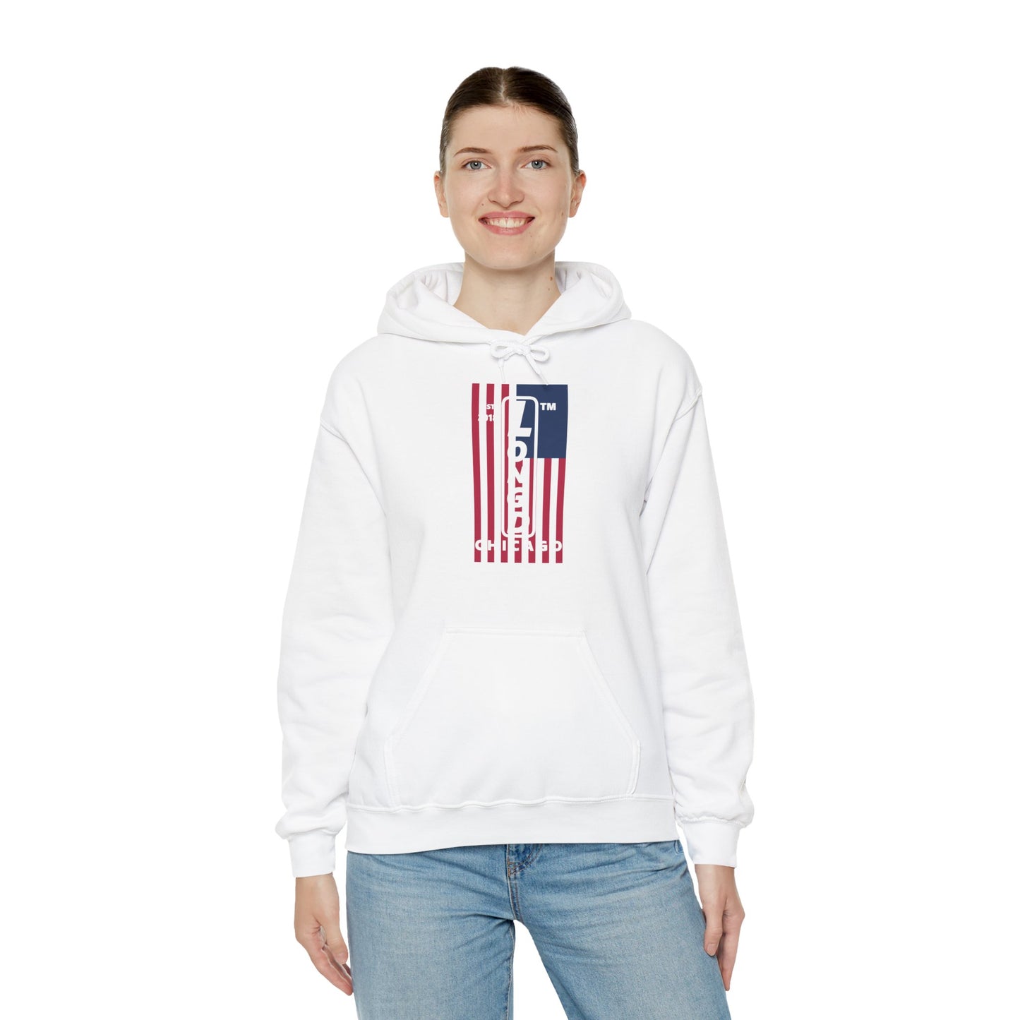 LongD® negative flag upright Chicago logo hoodie