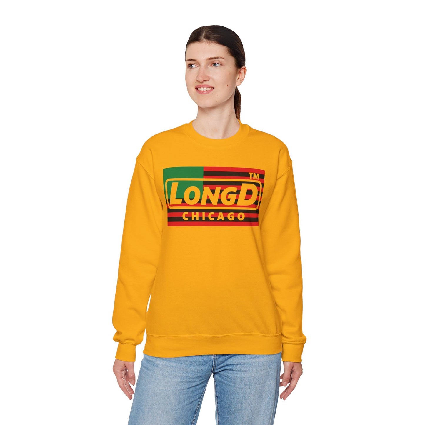 LongD negative flag front-back Chicago logo crewneck sweatshirt (Juneteenth colors)