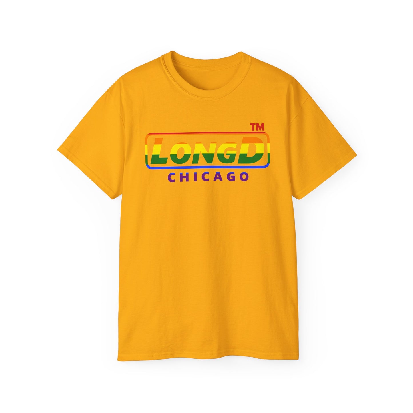 LongD positive vertical striped front-back Chicago logo cotton tee (Pride colors)