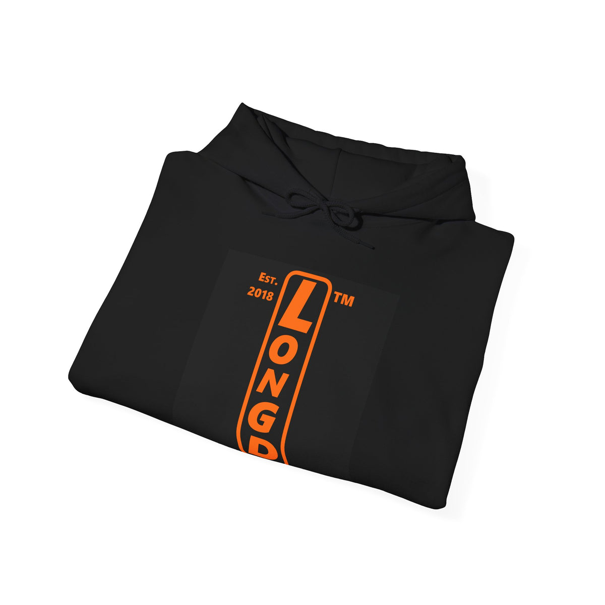 LongD Chicago upright front-back logo orange (FE7518) on Black (000000) hoodie
