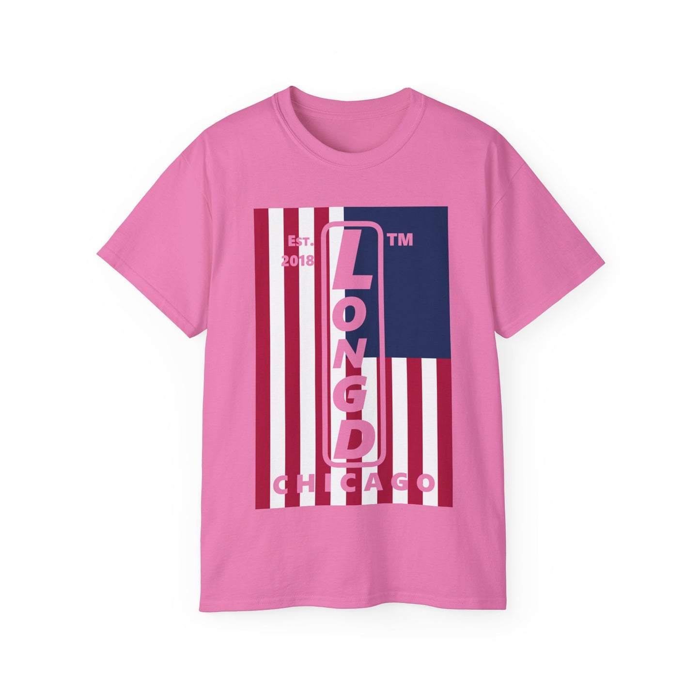 LongD cotton tee negative cropped flag Chicago upright logo (Patriotic colors)