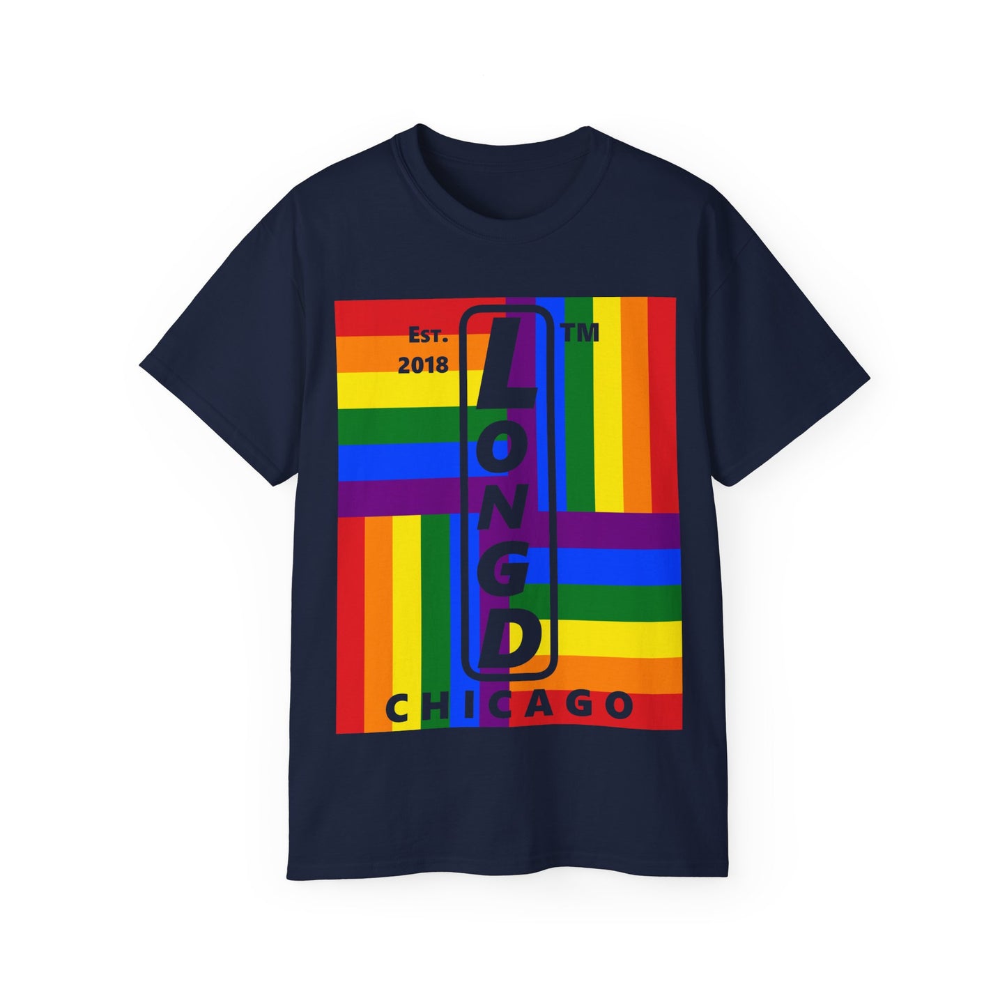 LongD Cotton Tee negative windmill Chicago upright logo (Pride colors)
