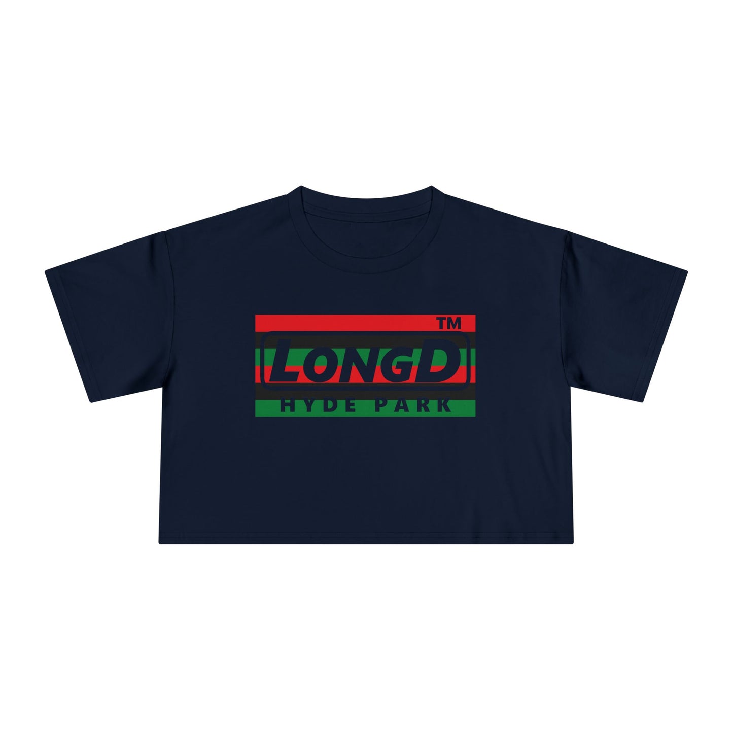 LongD negative horizontal 6-striped Hyde Park logo crop tee (Juneteenth colors)
