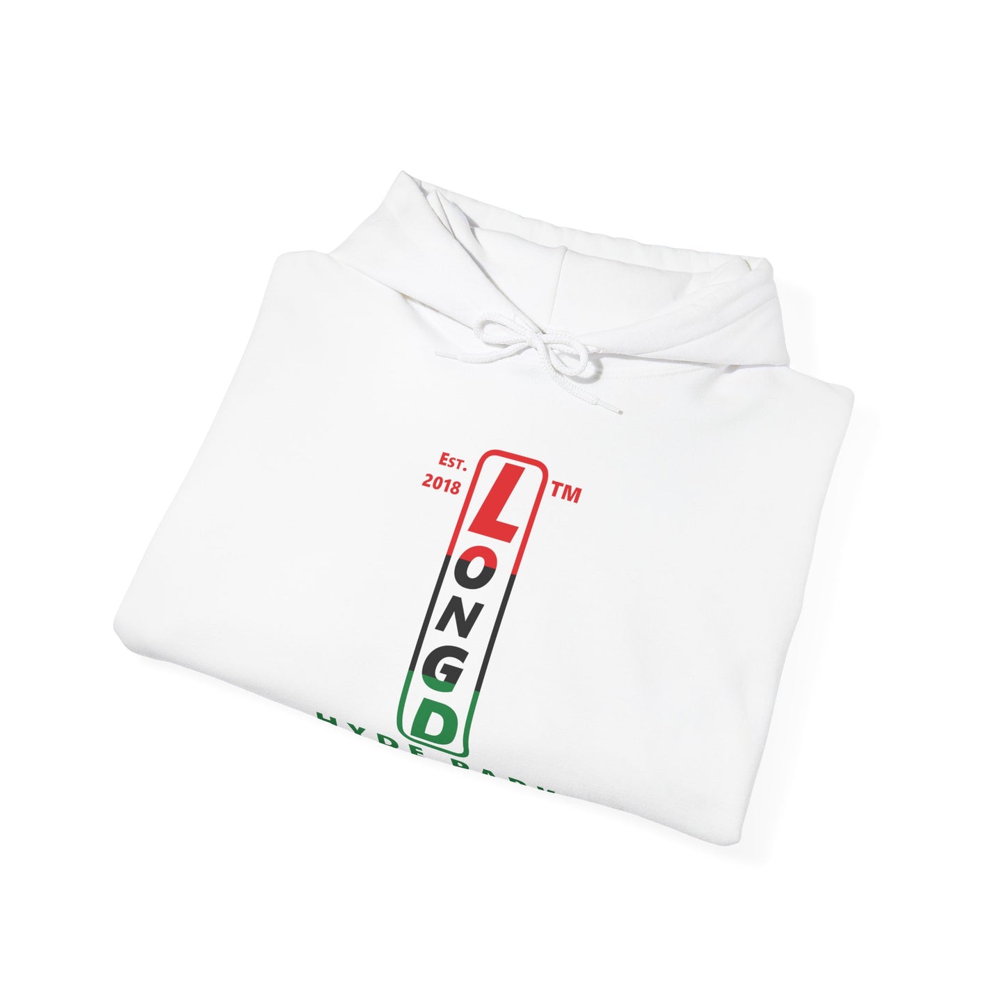 LongD® positive horizontal 3-striped Hyde Park 4-print upright logo hoodie (Juneteenth colors)