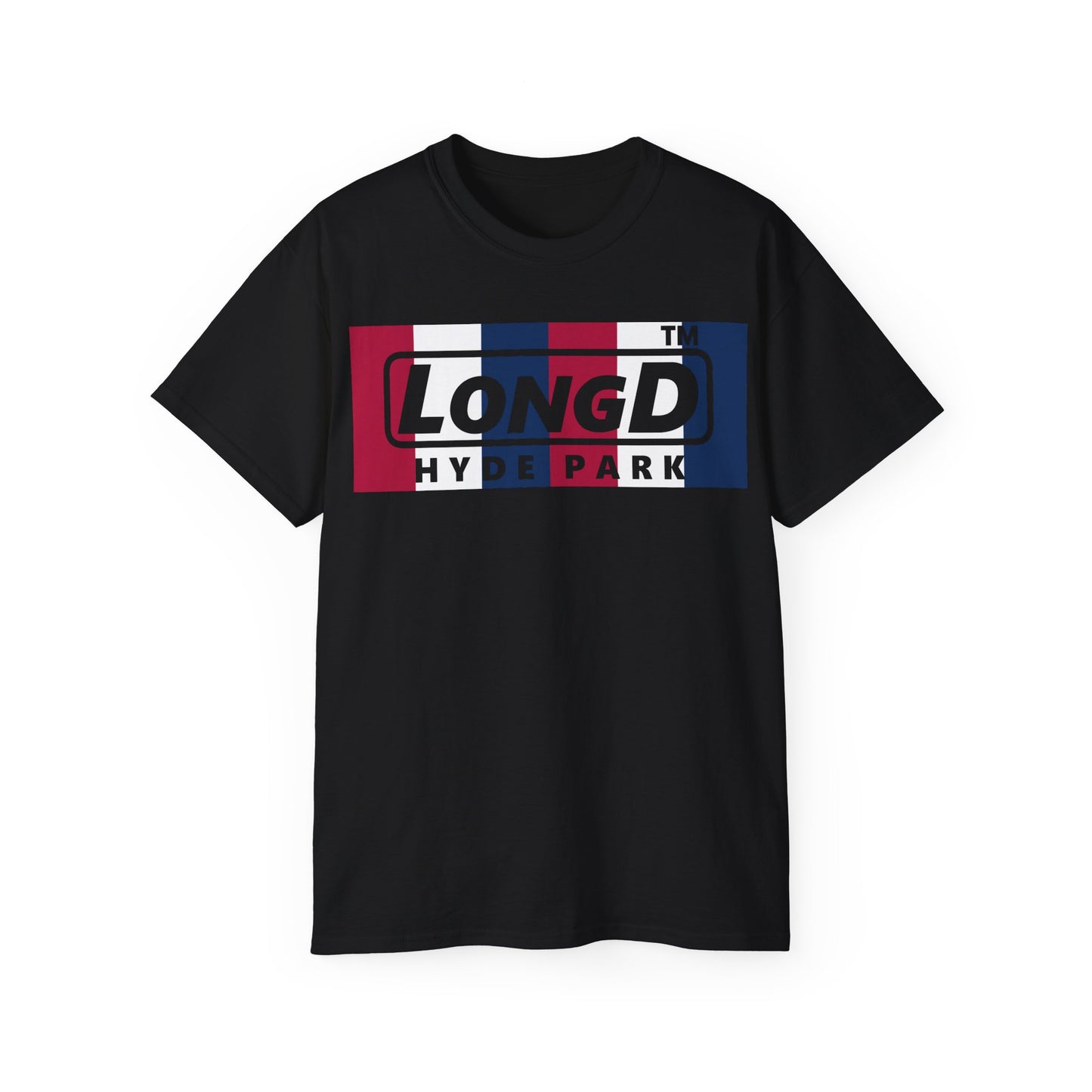 LongD negative vertical 6-striped Hyde Park logo cotton tee (patriotic colors)