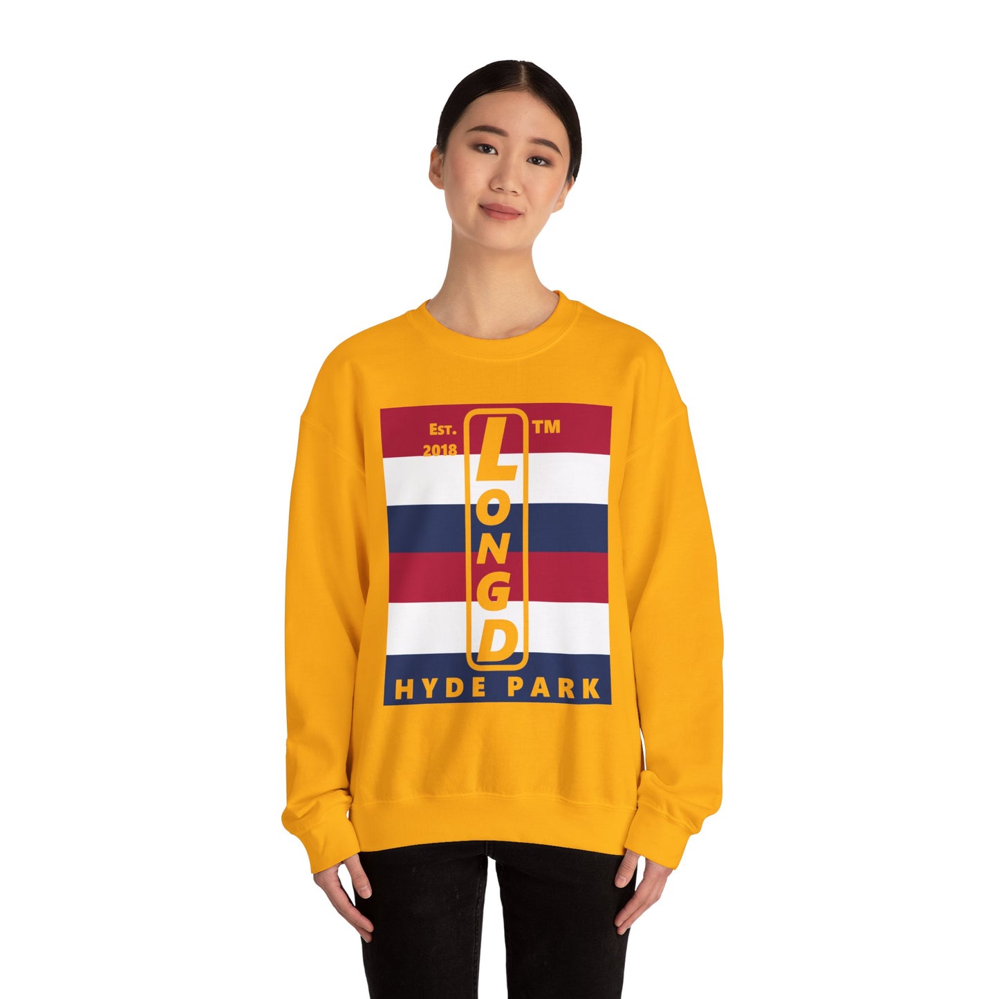 LongD negative horizontal 6-striped Hyde Park upright logo crewneck sweatshirt (patriotic colors)