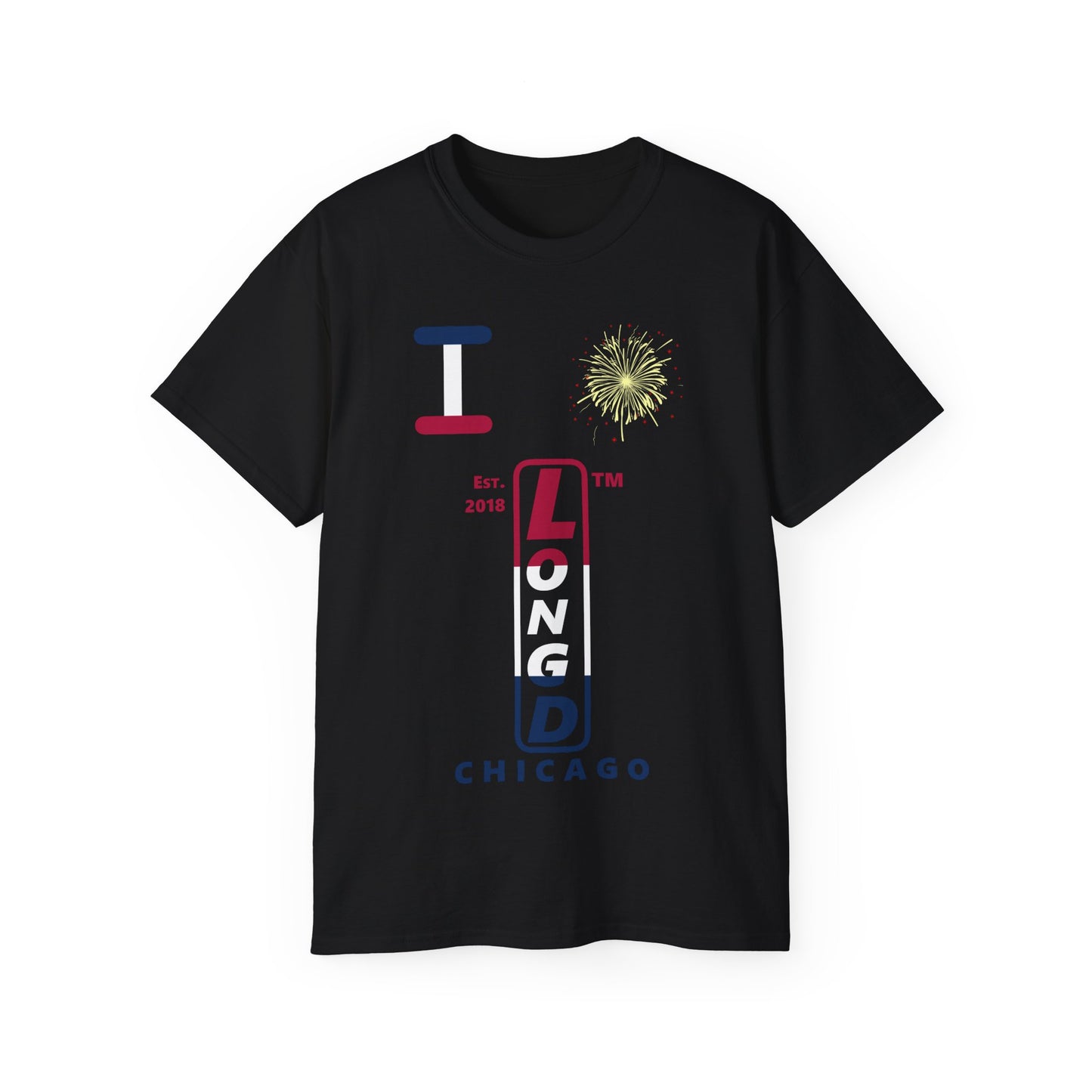 I Burst LongD cotton tee positive horizontal 3-striped Chicago upright logo (Patriotic colors)