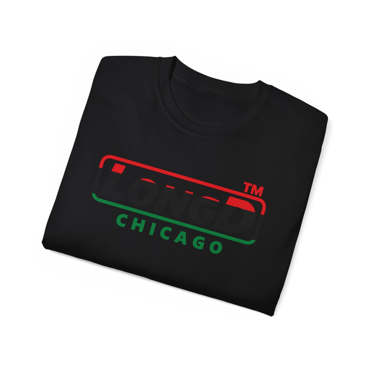 LongD positive horizontal 3-striped Chicago logo cotton tee (Juneteenth colors)