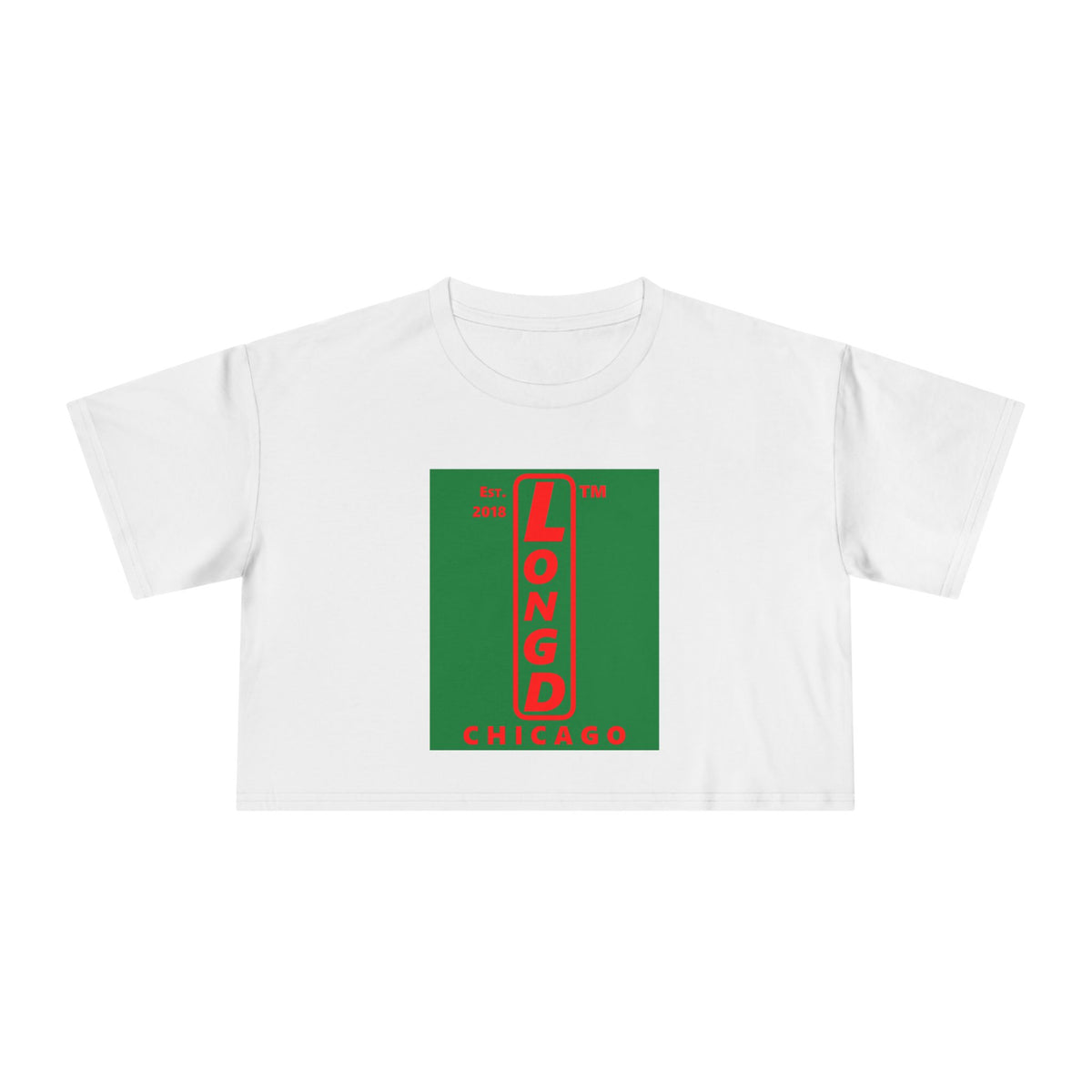 LongD Chicago upright logo positive red on negative green (Xmas colors) crop tee