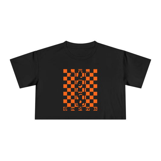 LongD Tag negative upright checkered logo (Halloween colors) crop tee