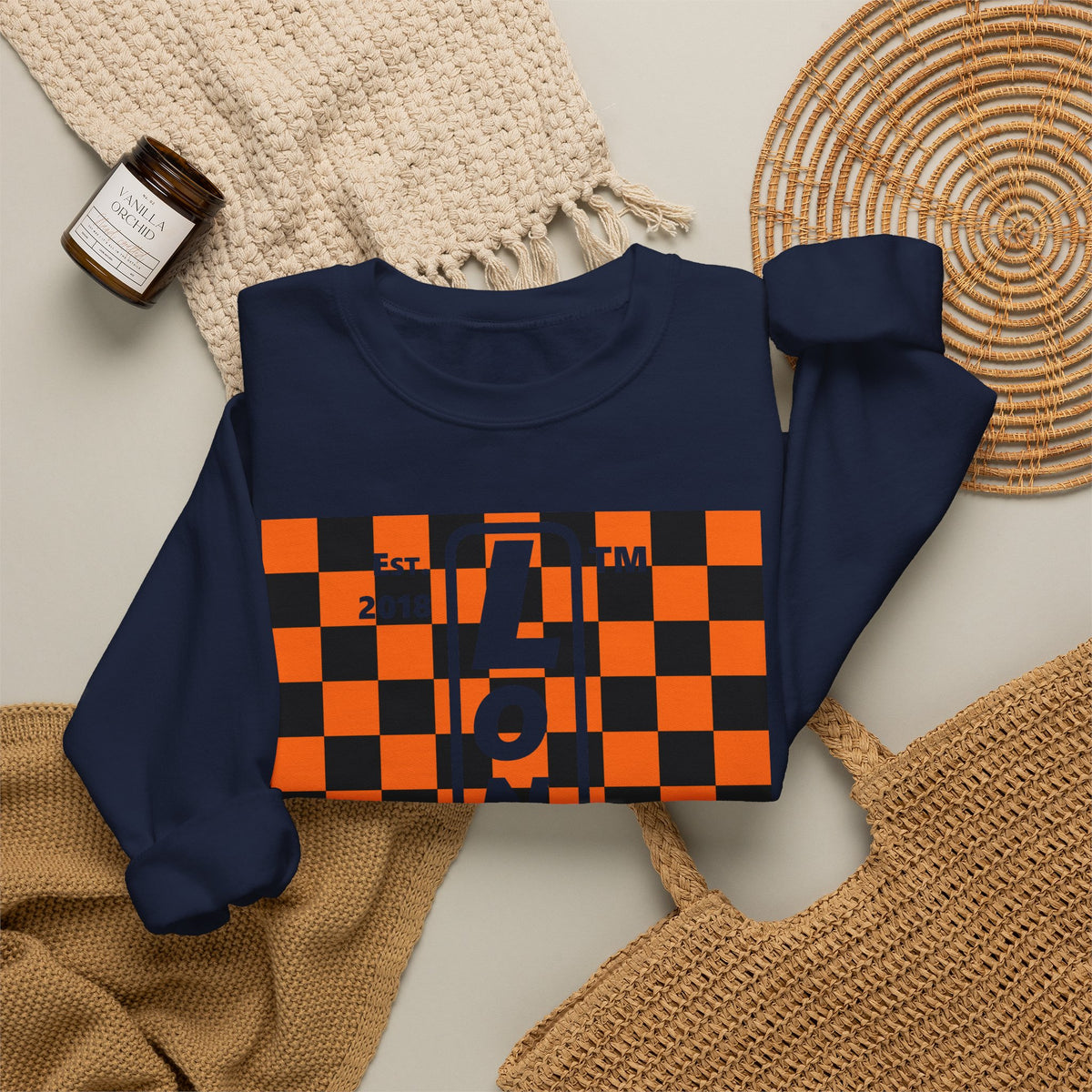 LongD Hyde Park negative upright checkered logo (Halloween colors) crewneck sweatshirt