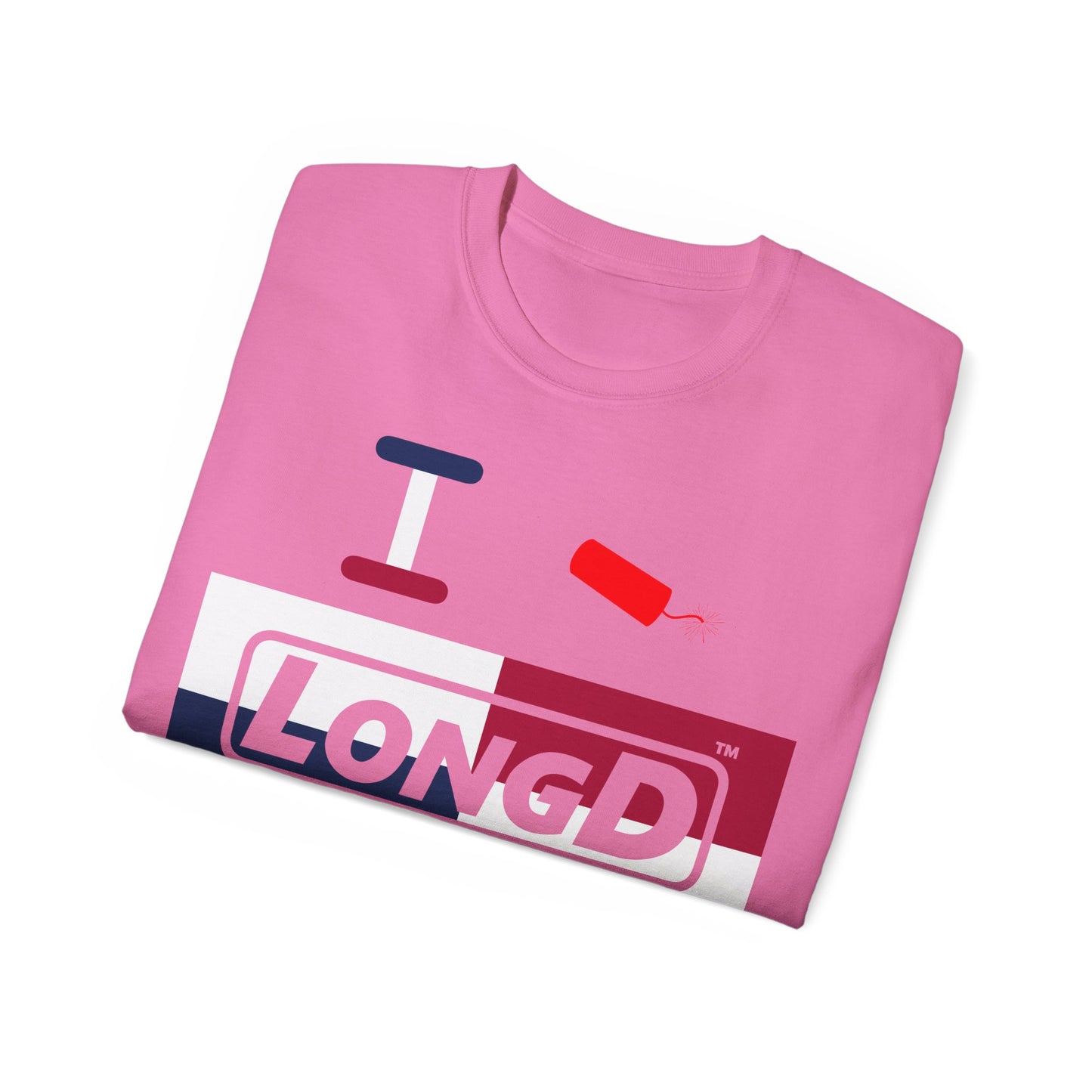 I Firecracker LongD® Logo Cotton Tee Red, White and Blue negative quarters text