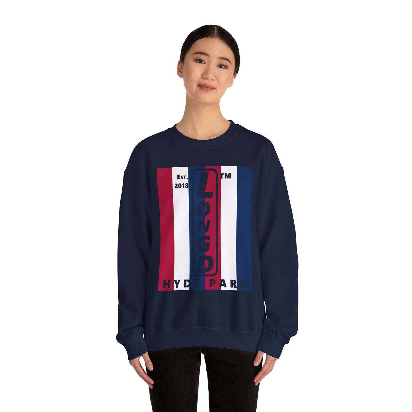 LongD negative vertical 6-striped Hyde Park upright logo crewneck sweatshirt (patriotic colors)