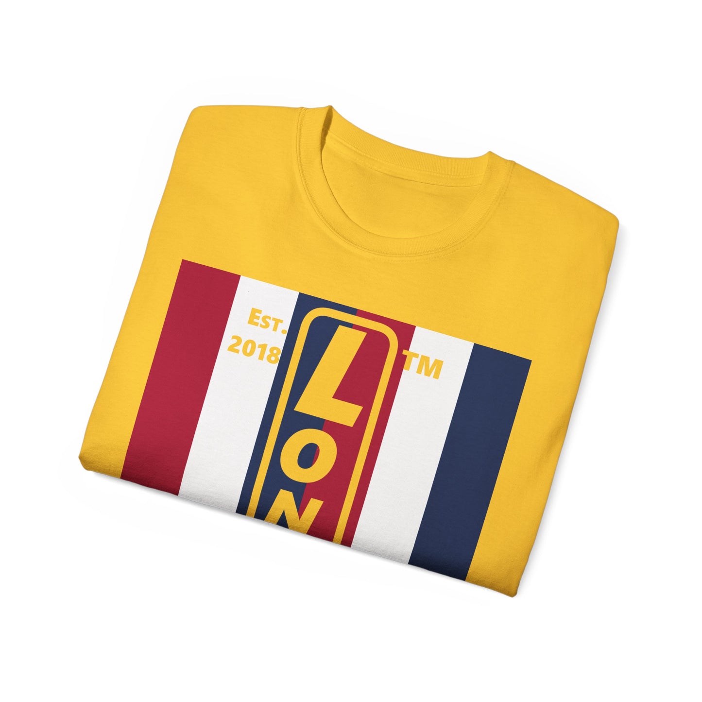 LongD cotton tee negative vertical 6-striped Hyde Park upright logo (Patriotic colors)