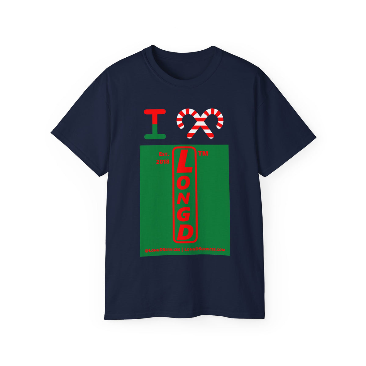 I candy cane LongD Tag-domain upright front-back logo positive red on negative green cotton tee