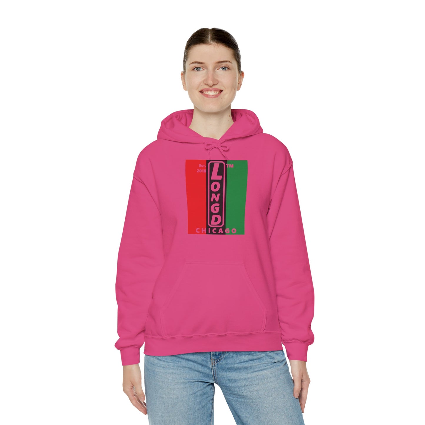 LongD® negative vertical 3-striped upright Chicago logo hoodie (Juneteenth colors)
