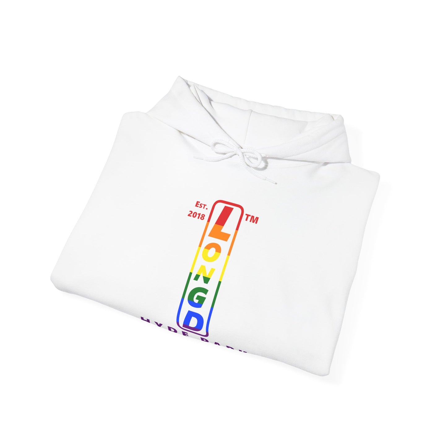 LongD® positive horizontal 6-striped Hyde Park logo hoodie (Pride colors)