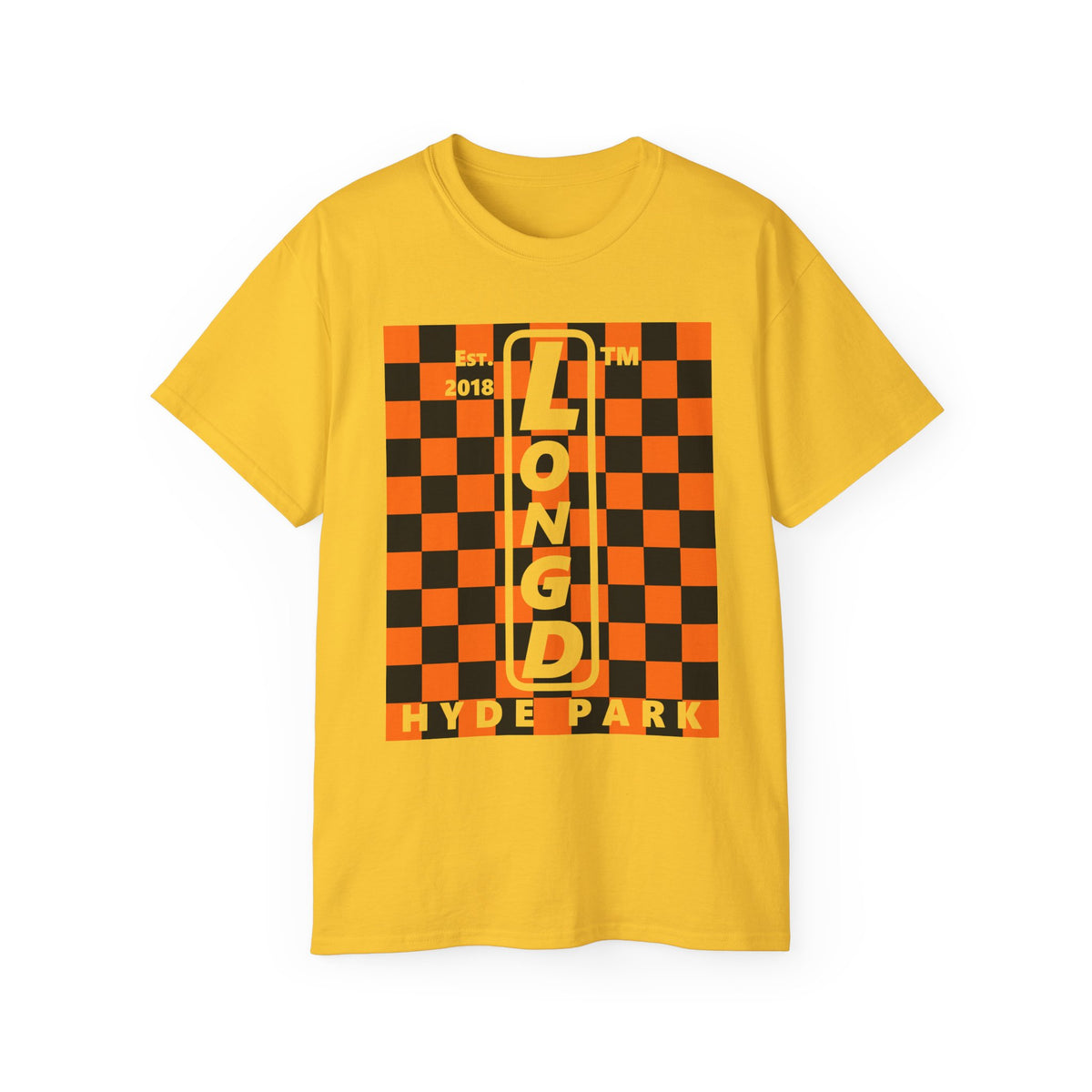 LongD Hyde Park negative upright checkered logo (Halloween colors) cotton tee