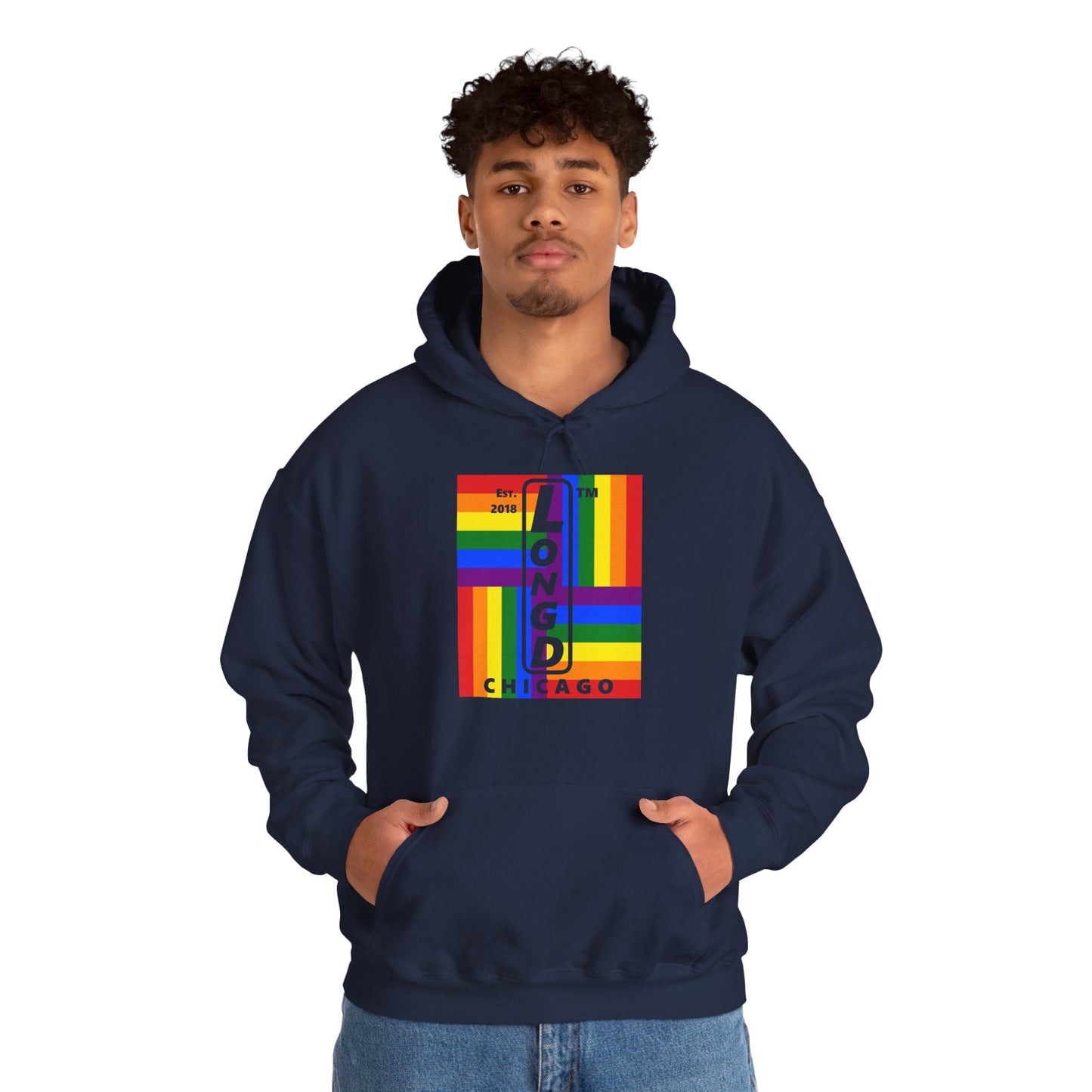 LongD® negative windmill upright Chicago logo hoodie (Pride colors)