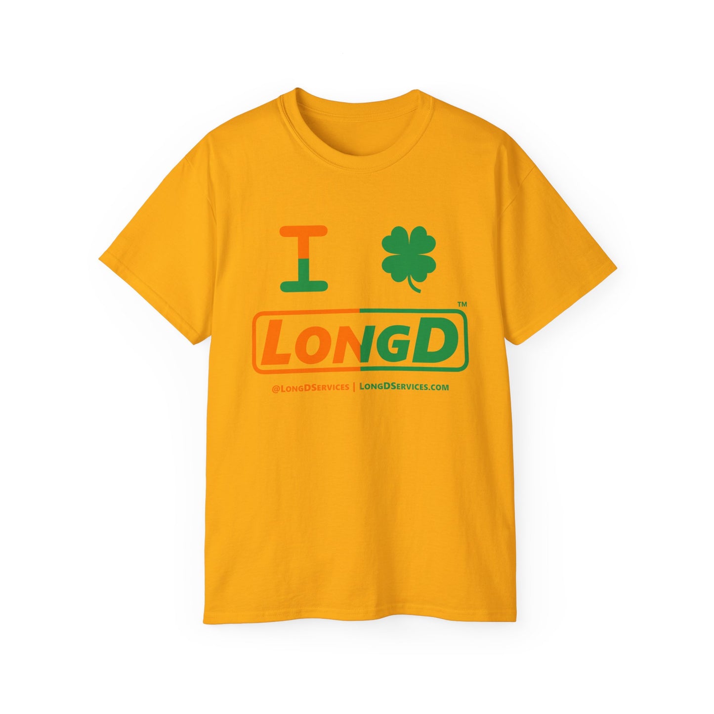 I Clover LongD® Logo Cotton Tee (St. Patrick's Day -Irish Green and Irish Orange right-left split with 4-leaf clover)