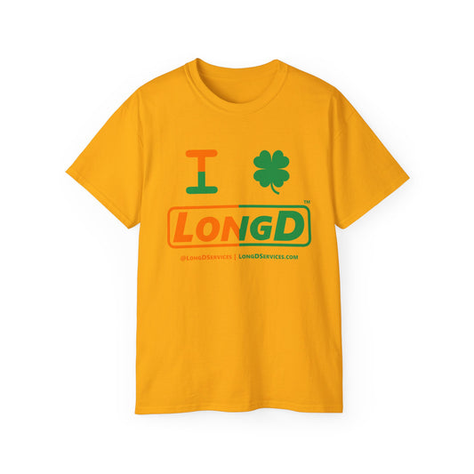 I Clover LongD® Logo Cotton Tee (St. Patrick's Day -Irish Green and Irish Orange right-left split with 4-leaf clover)