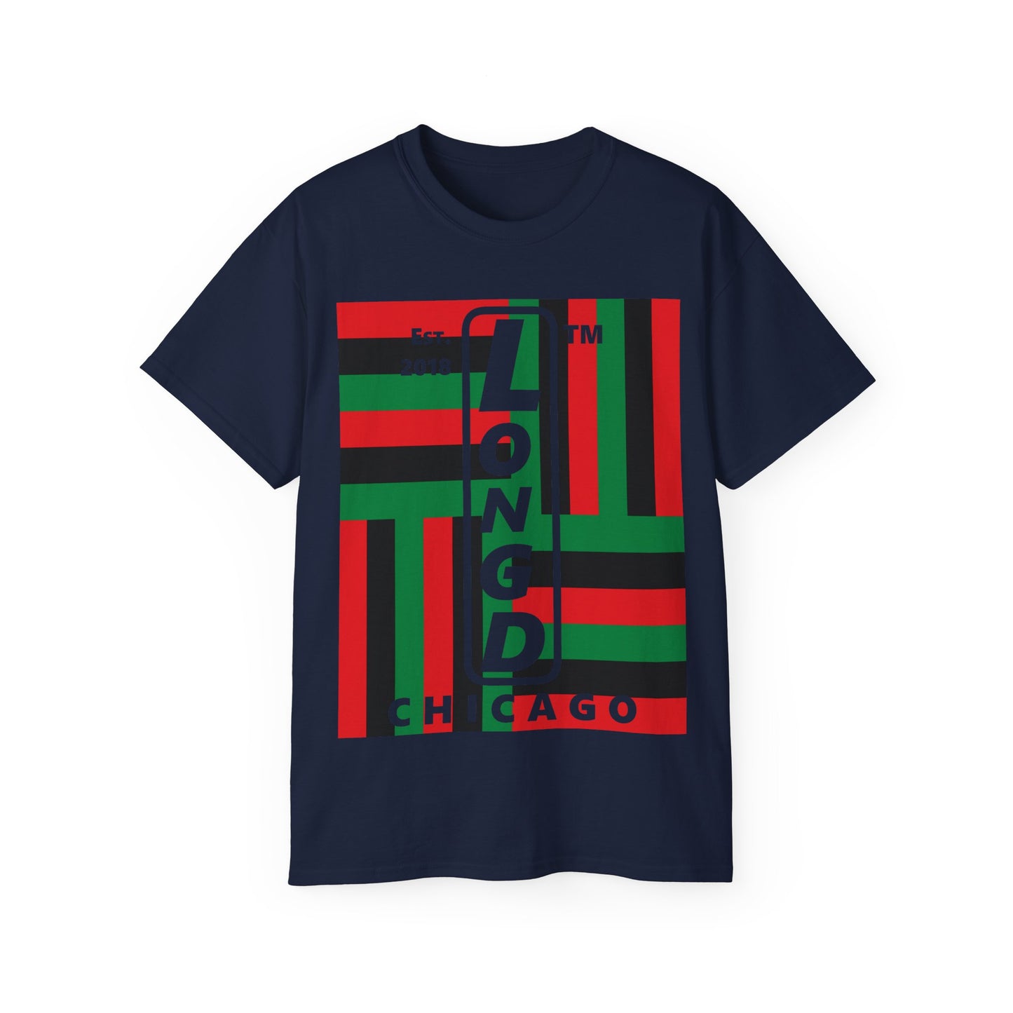 LongD Cotton Tee negative windmill Chicago upright logo (Juneteenth colors)
