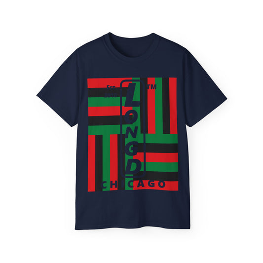 LongD Cotton Tee negative windmill Chicago upright logo (Juneteenth colors)