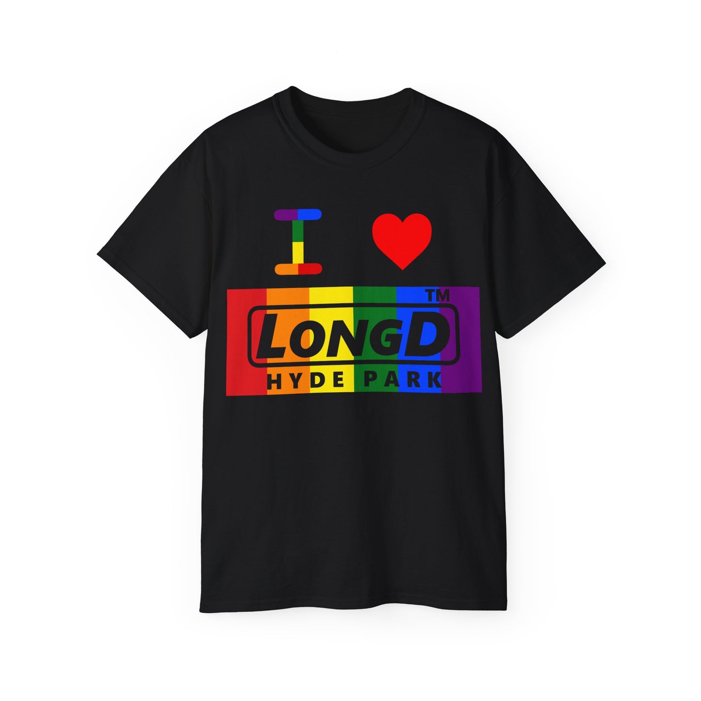 I Luv LongD negative vertical striped Hyde Park logo cotton tee (Pride colors)