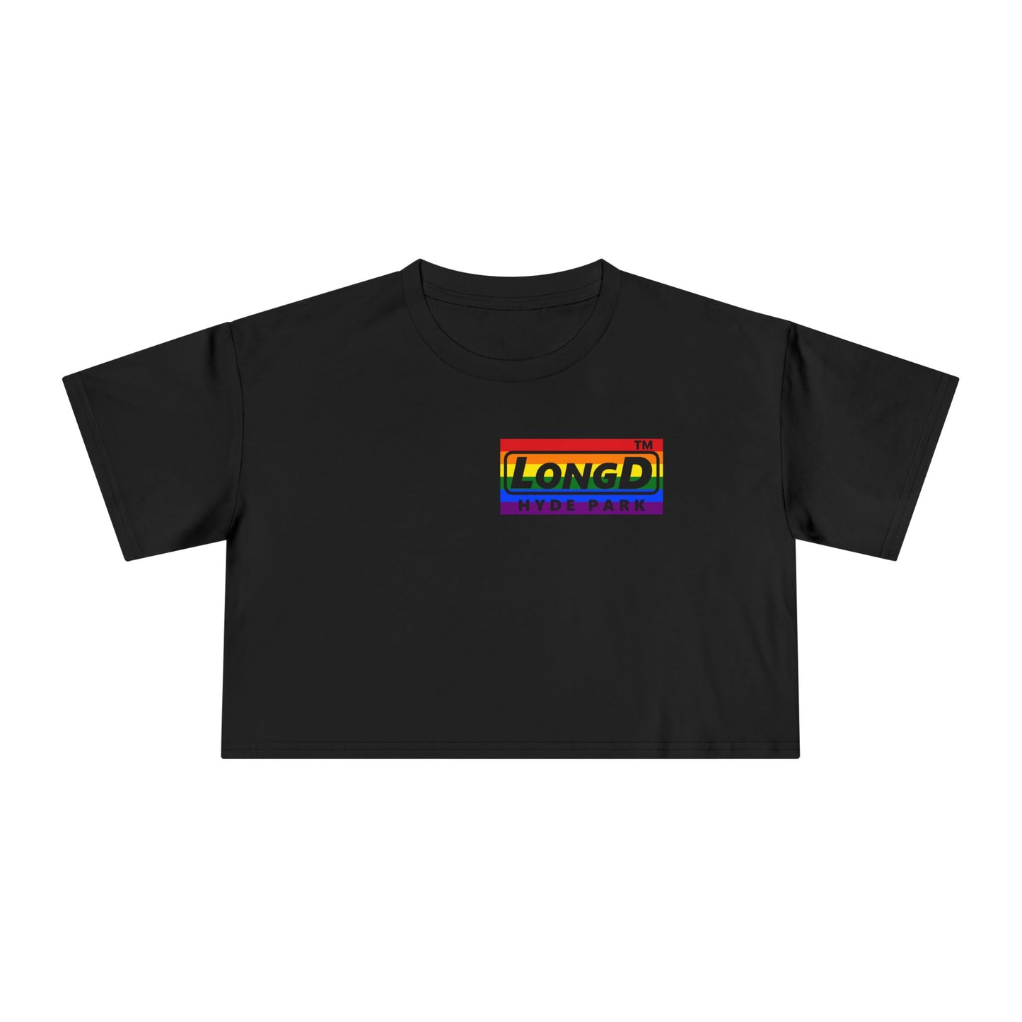 LongD negative horizontal 6-striped single-breasted Hyde Park logo reverse front-back crop tee (Pride colors)