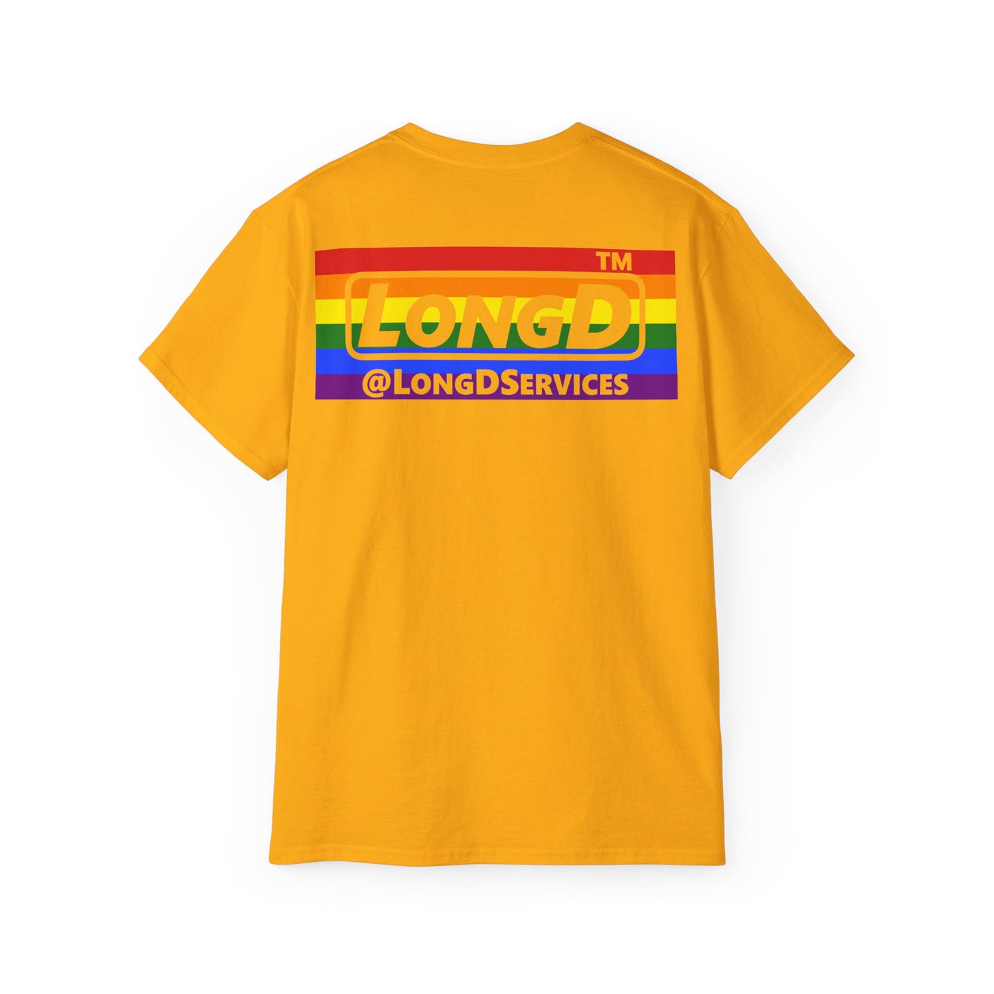 I Luv LongD negative horizontal striped front-back Hyde Park logo cotton tee (Pride colors)