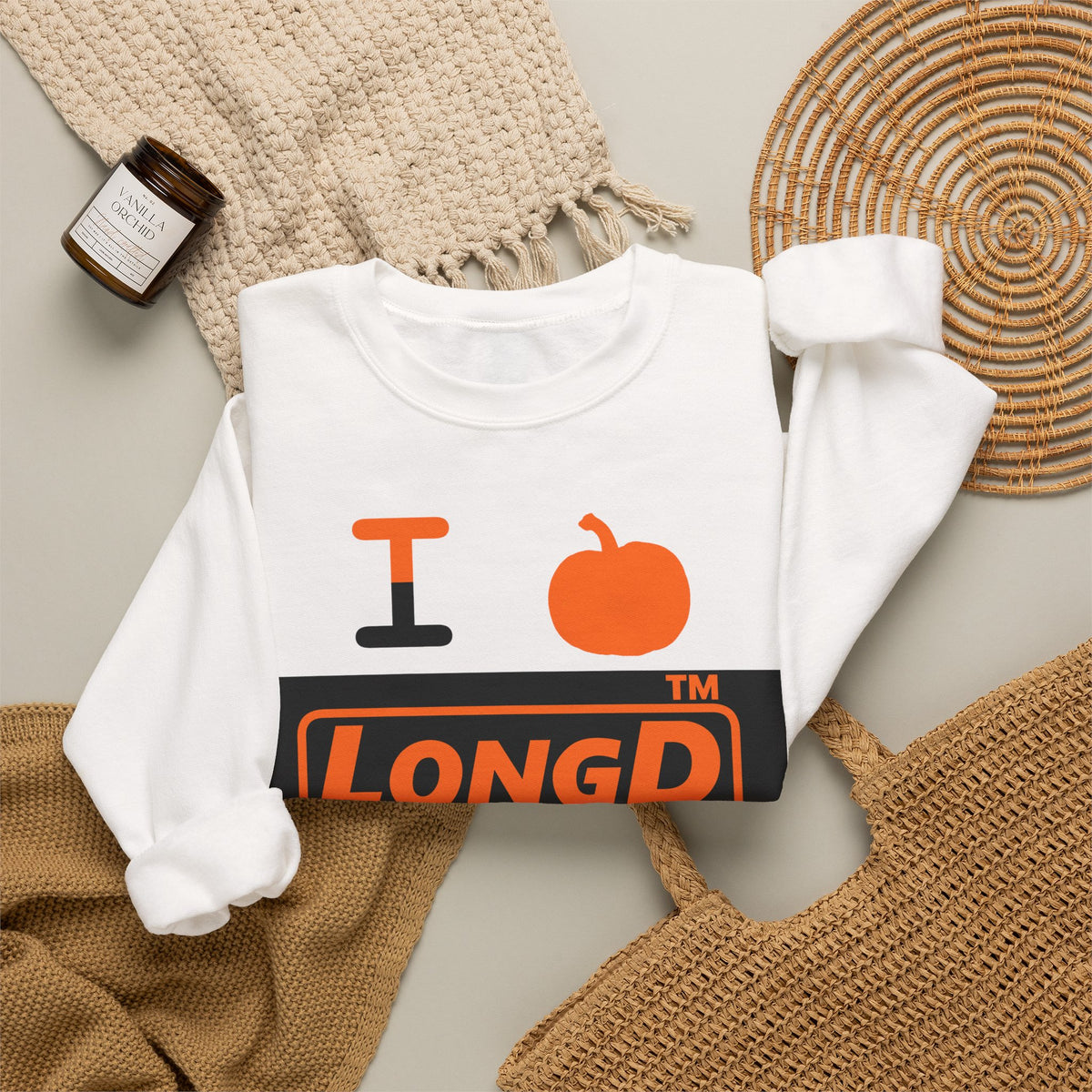 I pumpkin LongD Hyde Park logo positive orange on negative black crewneck sweatshirt