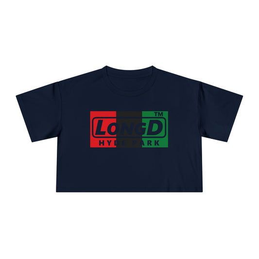 LongD negative vertical 3-striped Hyde Park logo crop tee (Juneteenth colors)