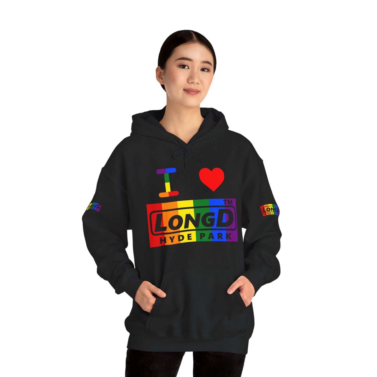 I Luv LongD® negative vertical striped 4-print Hyde Park logo hoodie (Pride colors)