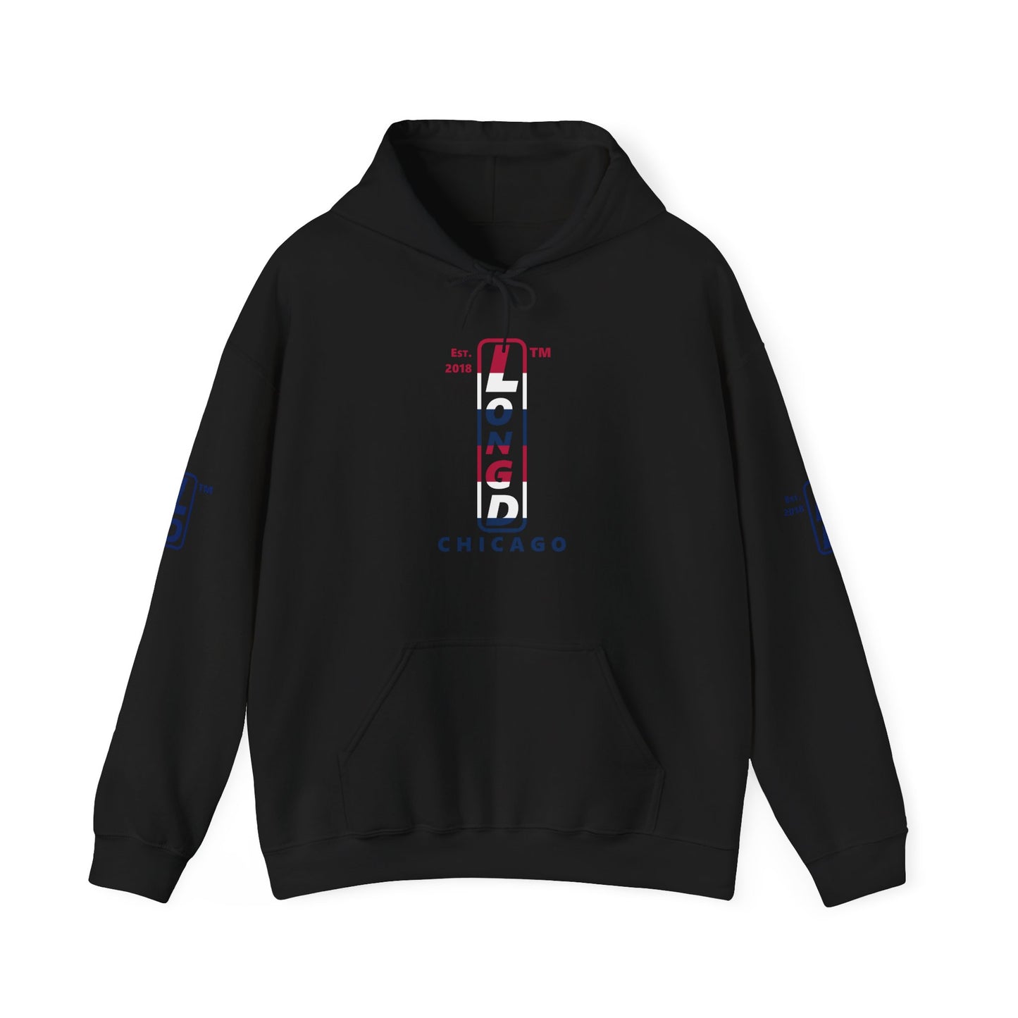 LongD® positive horizontal 6-striped Chicago 4-print upright logo hoodie (patriotic colors)