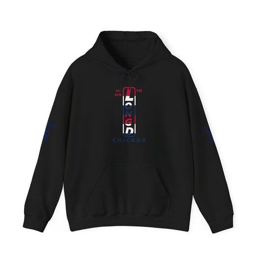 LongD® positive horizontal 6-striped Chicago 4-print upright logo hoodie (patriotic colors)