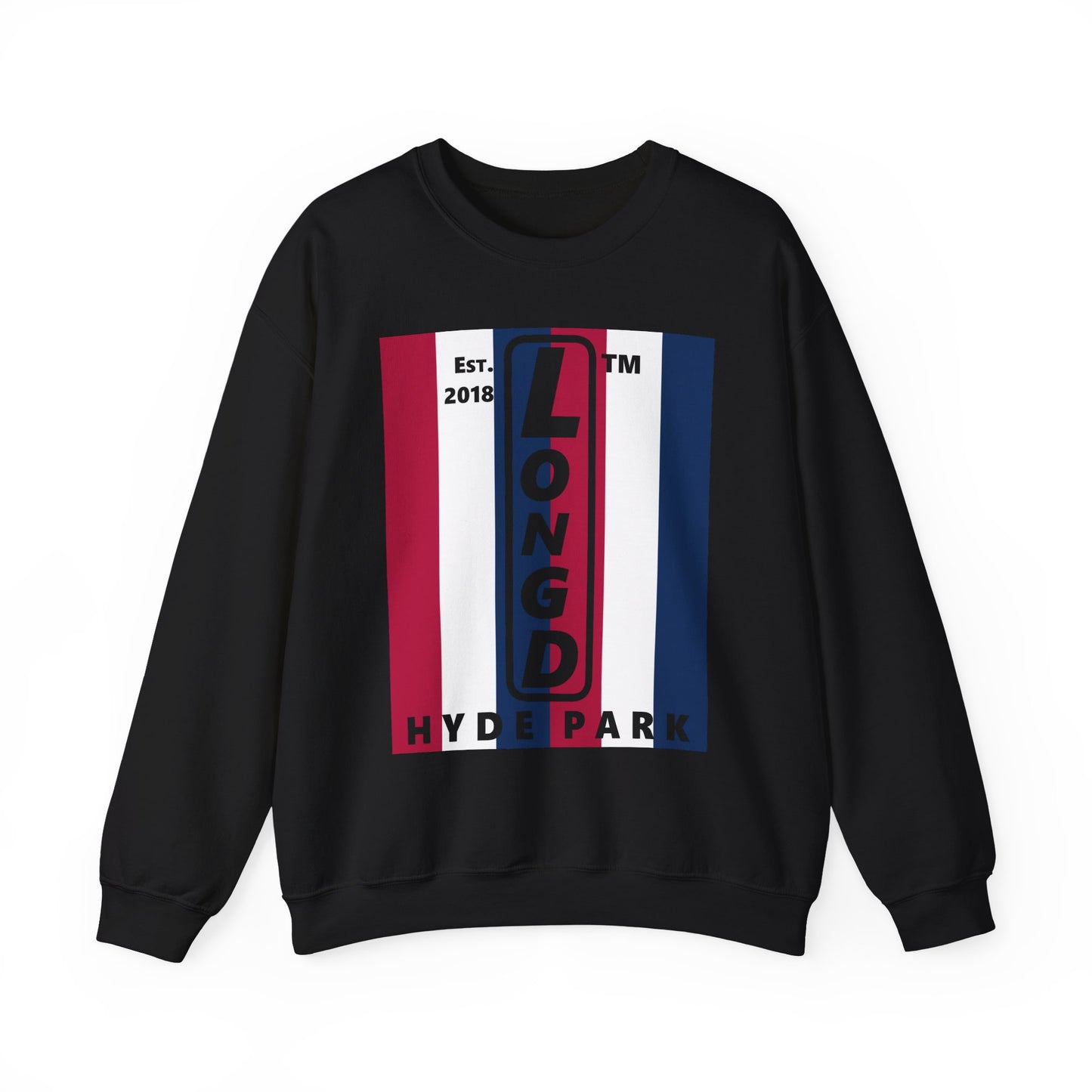 LongD negative vertical 6-striped Hyde Park upright logo crewneck sweatshirt (patriotic colors)