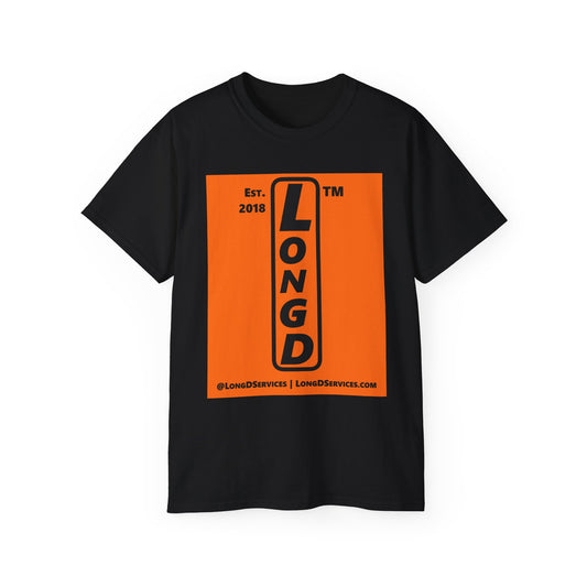 LongD Tag-domain upright logo positive black on negative orange (Halloween colors) cotton tee