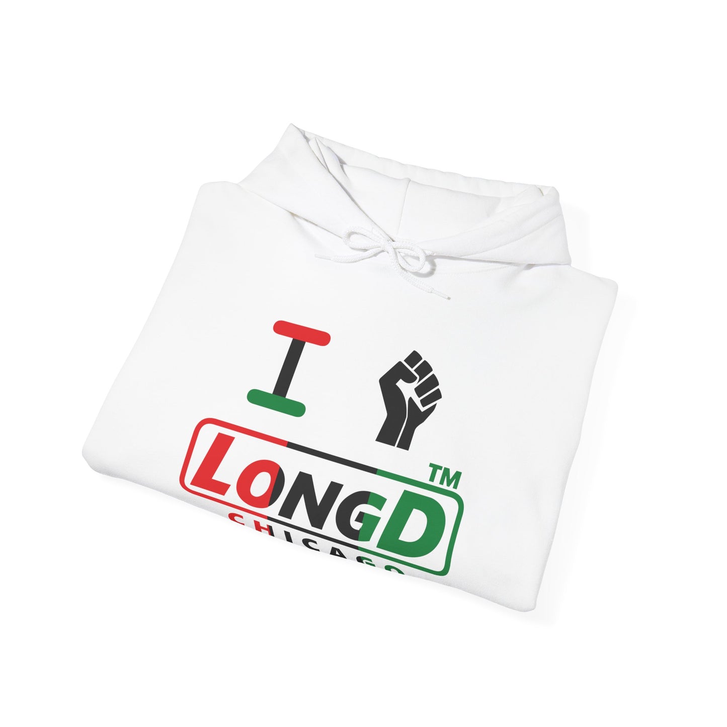 I fist LongD® positive vertical 3-striped Chicago logo Hoodie (Juneteenth colors)