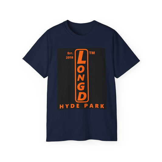LongD Hyde Park upright logo positive orange on negative black (Halloween colors) cotton tee