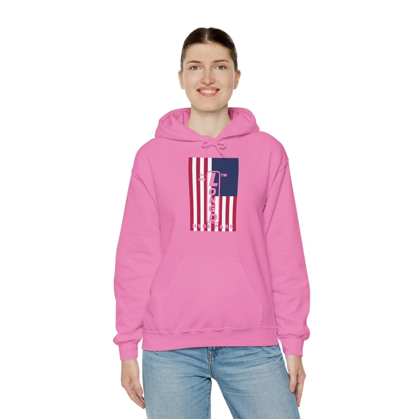 LongD® negative cropped flag upright Hyde Park logo hoodie (Patriotic colors)