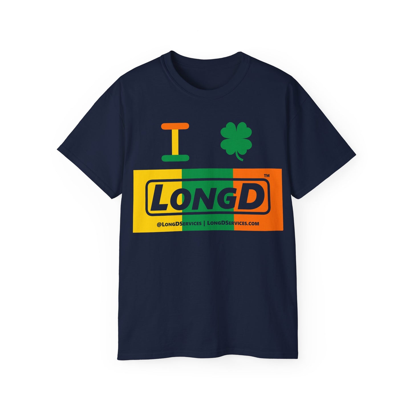 I Clover LongD® Logo Cotton Tee (St. Patrick's Day -Irish Green, Golden Yellow and Irish Orange negative thirds with 4-leaf clover)