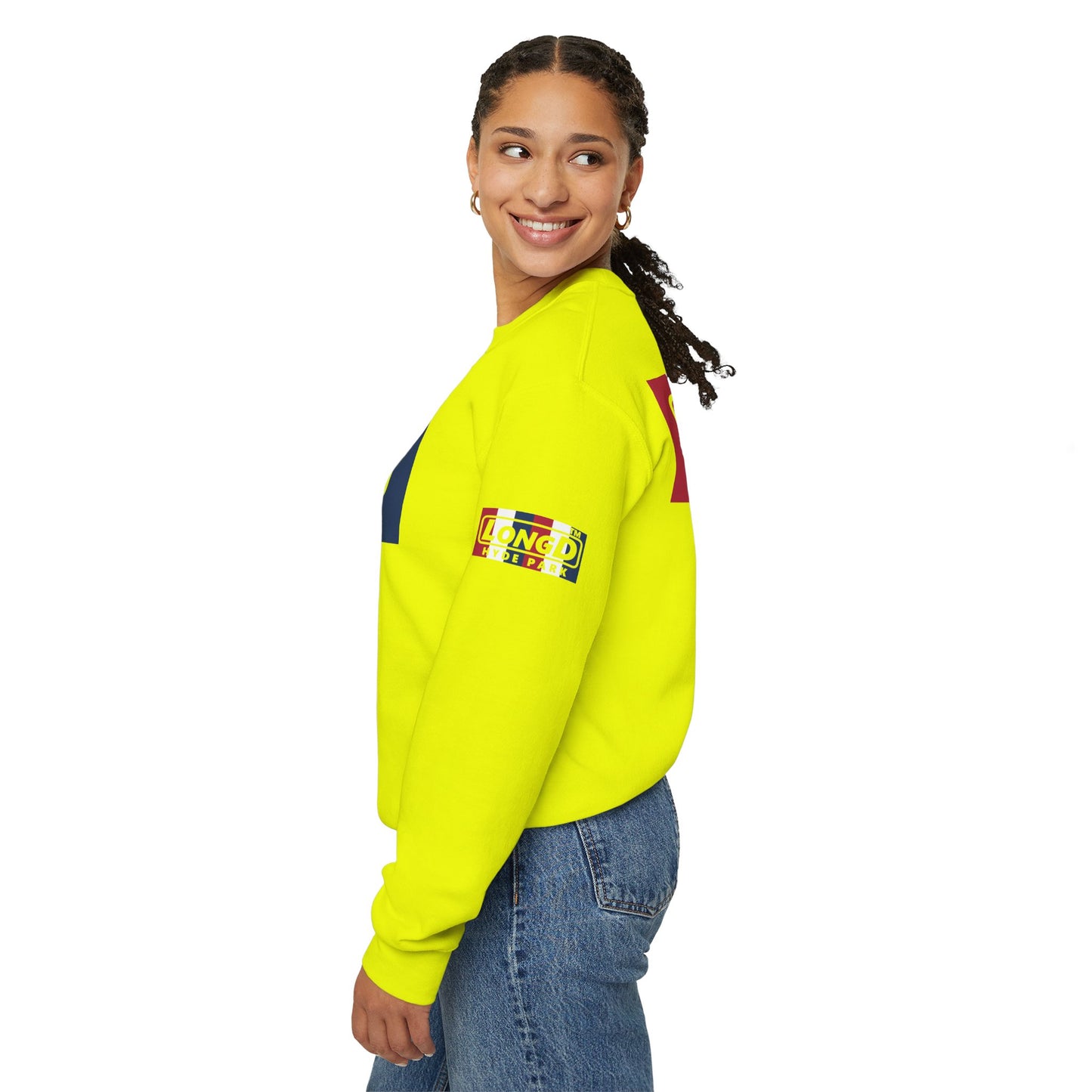 LongD negative vertical 6-striped 4-print double-breasted Hyde Park logo crewneck sweatshirt (patriotic colors)