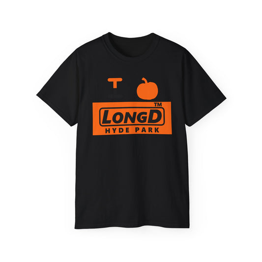 I pumpkin LongD Hyde Park logo positive black on negative orange cotton tee