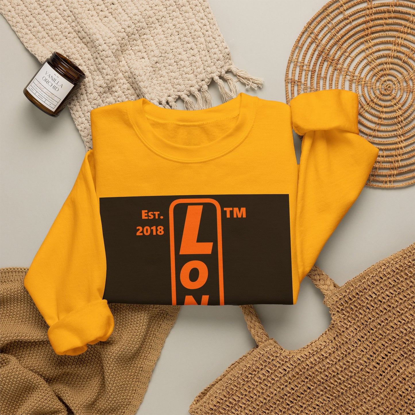 LongD Chicago upright front-back logo orange (FE7518) on Black (000000) crewneck sweatshirt
