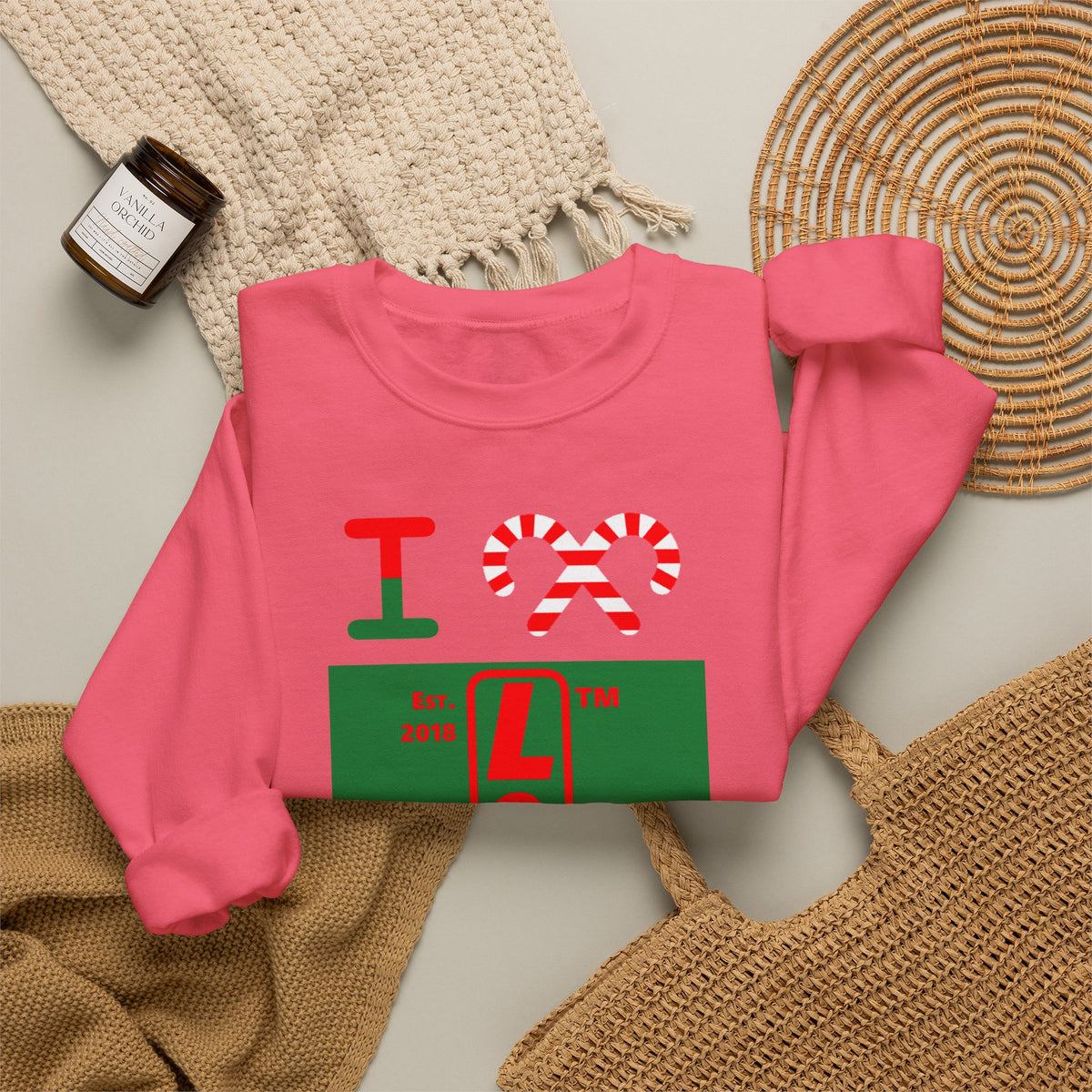 I candy cane LongD Chicago upright front-back logo positive red on negative green crewneck sweatshirt