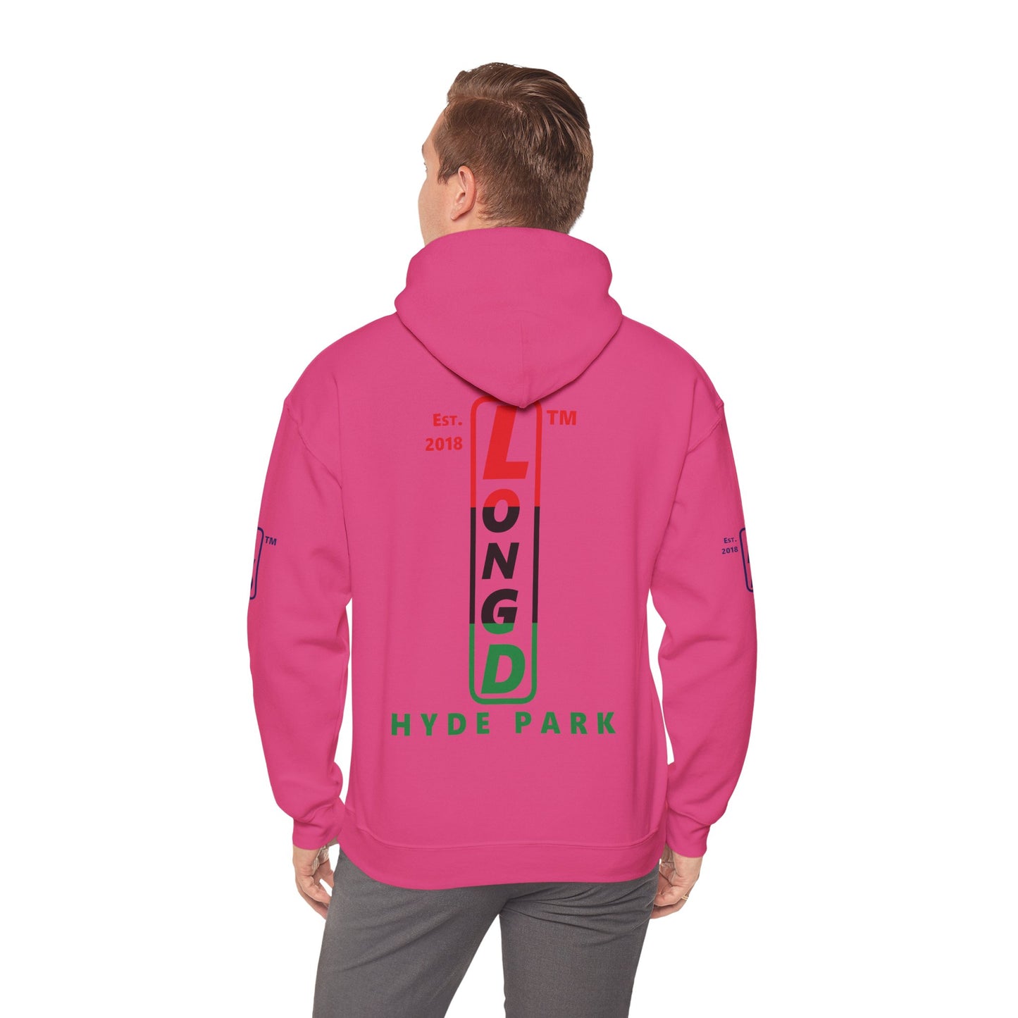 LongD® positive horizontal 3-striped Hyde Park 4-print upright logo hoodie (Juneteenth colors)