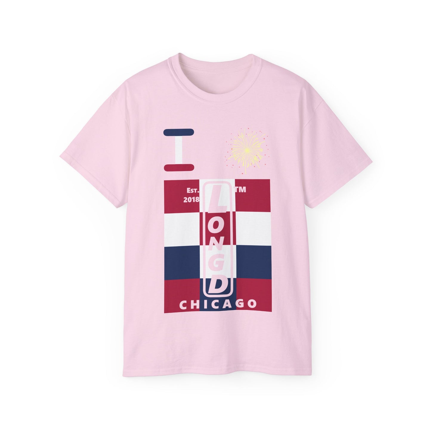 I Burst LongD cotton tee negative 4x3 Chicago upright logo (Patriotic colors)